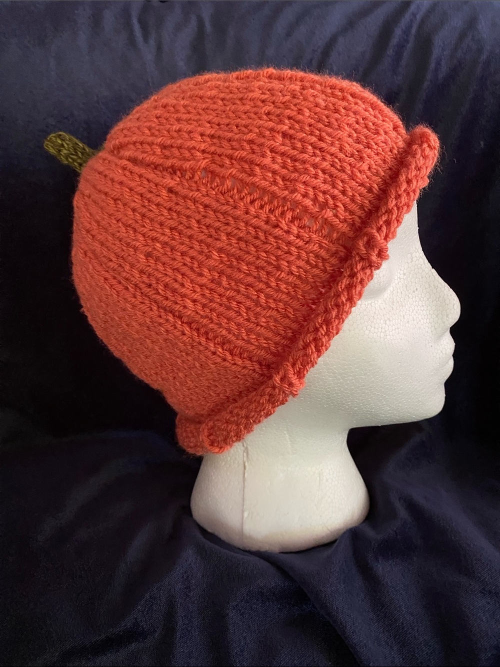 Hand-Knit Autumn Fall Harvest Orange Pumpkin Beanie Hat - one size fits all